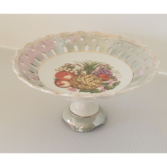Antique Ucagco Pedestal Footed Pierced Fruit Hand Painted Ceramic Plate Luster - Picture 1 of 7